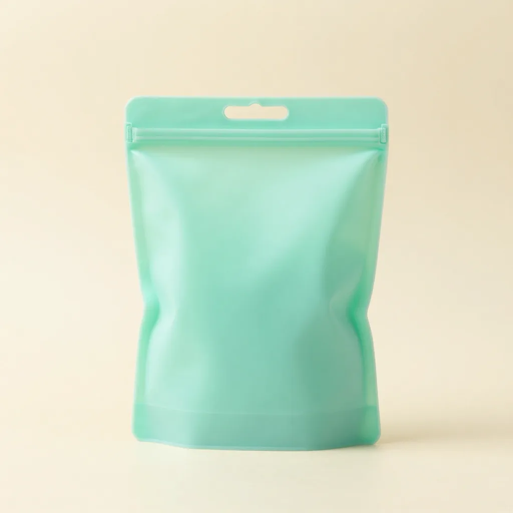 A stand-up mint silicone storage bag on a light background
