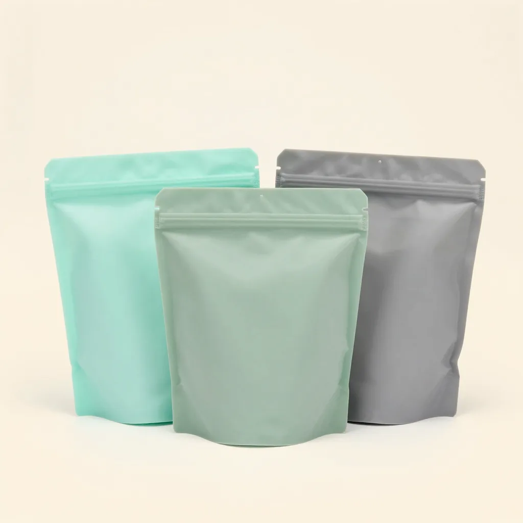 A set of three silicone bags in mint, sage and grey on a light background