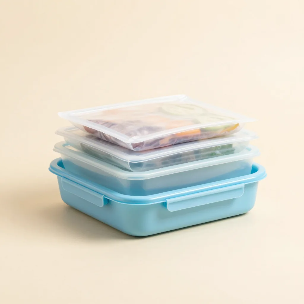 A meal prep set of six silicone storage bags on a light background