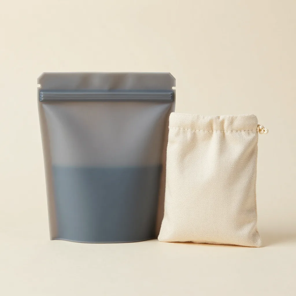 A silicone bag gift set with a cloth pouch on a light background